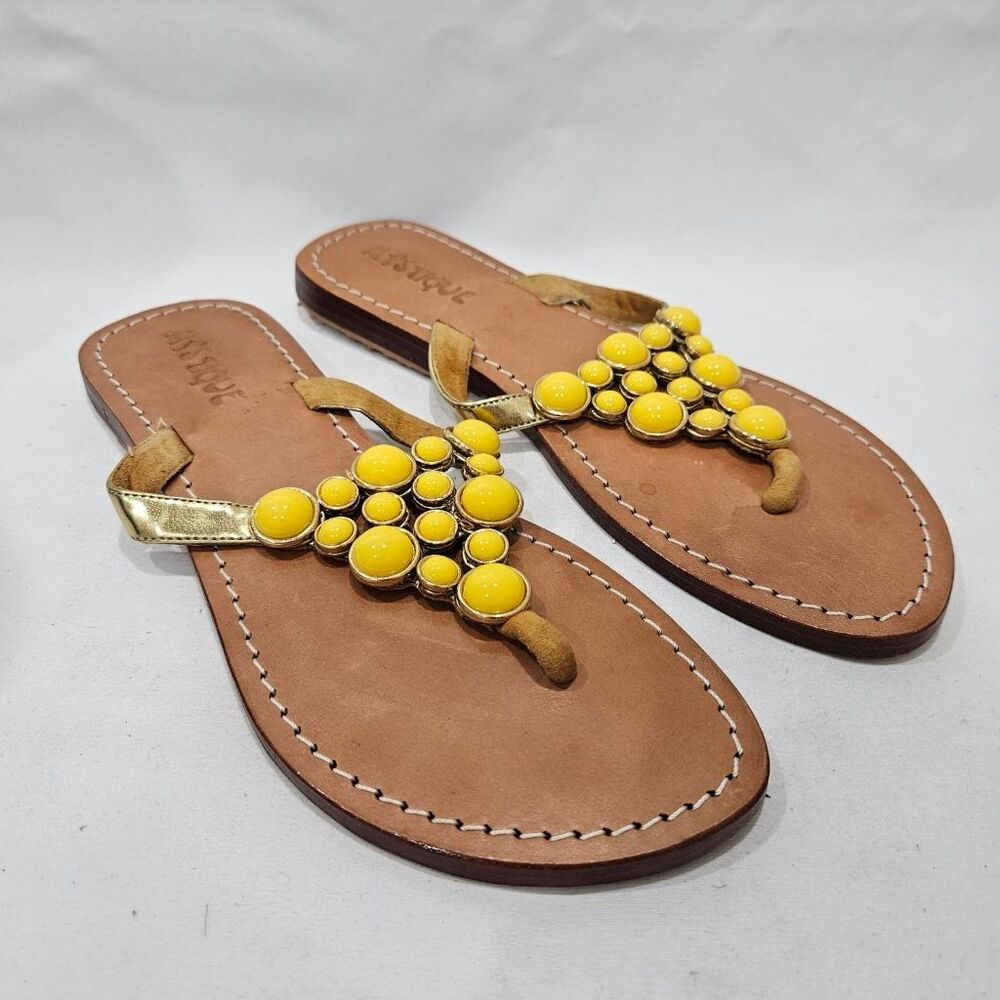 Mystique Yellow Beaded Leather Thong Sandals Gold Jeweled T-Strap Flat Size 8